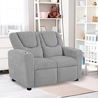 Naomi Home Suri Kids Recliner Loveseat with Cup Holders & Footrests, Gray Chenille - Cozy 2-Seater Lounge for Children