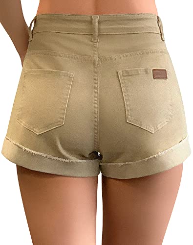 Roswear Women's Ripped Mid Rise Colorful Jeans Shorts Stretch Rolled Hem Denim Shorts Khaki X-Large #TOP1