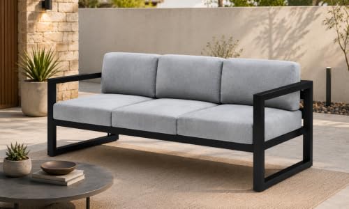 Image of Modern 3-Seater Outdoor Sofa with Black Metal Frame & Grey Cushions Set Upon a Sturdy Black Metal Geometric Base Frame.
