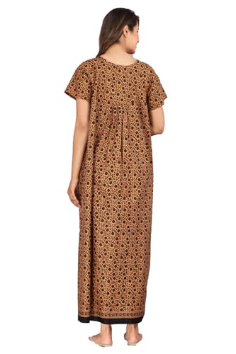 Image of Kuruti B Sheets Cotton Nighty for Women Jaipuri Print 2 Button Round Neck Short Sleeve Night Gown | Maxi Dress