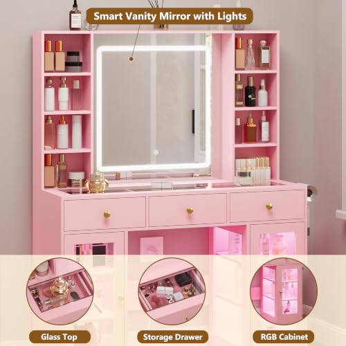 Image of Pink Vanity Desk with Mirror and Lights, Glass Top Vanity with Lighted Mirror & RGB Cabinet and 3 Drawers, Dressing Table with 8 Shelves, Makeup Desk with Lights for Girls Bedroom, 3 Color Modes