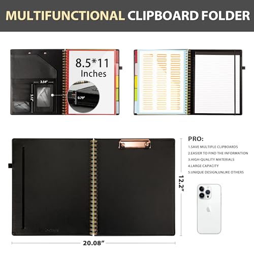 Image of Ospelelf Clipboard with Storage for Men Women, Leather Padfolio Portfolio Organizer 5 Folders with 10 Pockets, Spiral Clipboard Folio with Notepad for Letter Size, Elastic Closure and Pen Loop Black