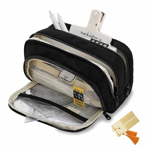 CLOUDEMO Estojo para lápis de grande capacidade, 3 compartimentos, estojo estético de armazenamento simples, estojo para lápis de grande capacidade, Preto