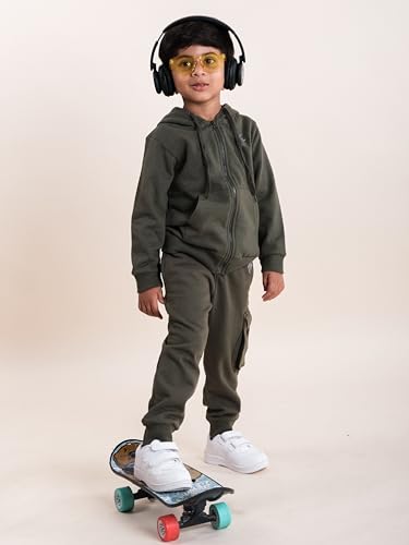 Image of Boys Solid Fleece Full Sleeve Zip Front Open Hooded Sweatshirt With Track Pant Set