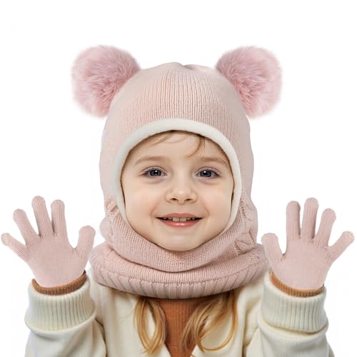 HONGTEYA Toddler Winter Hat Scarf Glove Set, Unisex Baby Kids Velvet Lined Knitted Hat with Neck Warmer for Cold Weather