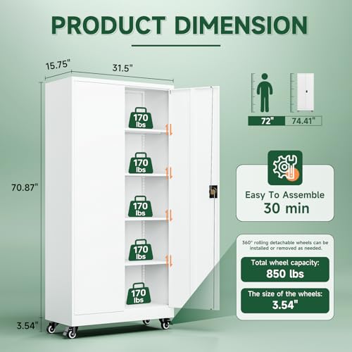 Image of Letaya Metal Garage Storage Cabinets with Lock Door and Adjustable Shelves, Steel Tool Cabinets for Home,Office,Warehouse Organisieren (White, 74.41 inch H)