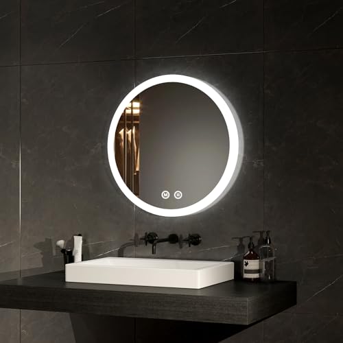 EMKE 500mm Round Bathroom LED Mirror, Dimmable Illuminated Backlit Bathroom Circle Mirror with Demister, Double-Control Touch, 3 LED Light Color Variable, Automatic Power-off, Memory Function