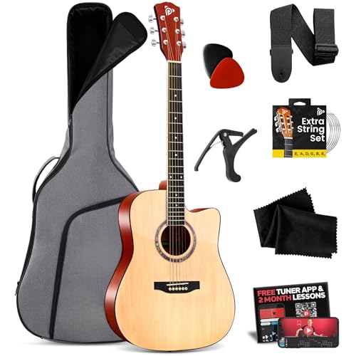 Pyle Full Size Acoustic Guitar Kit, Steel String, Dreadnought Cutaway, with Capo, Upgraded Gig Bag, Digital Tuner, 41" Natural M