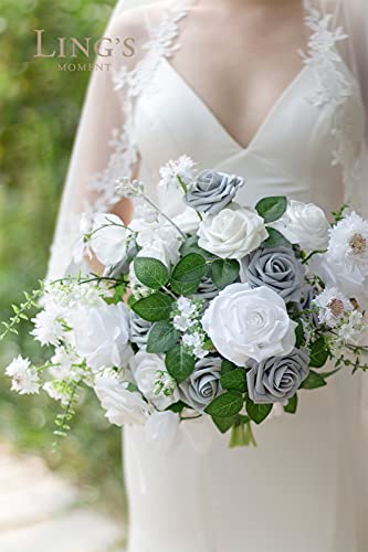 Ling’s Moment Artificial Flowers 25Pcs Silver & Grey Roses Decor w/Stems,3" Real Touch DIY Foam Floral for Wedding Bouquet/Centerpieces, Outdoors Party Backdrop, Room/Table, and Garden/Pot Decorations - Thumbnail 7