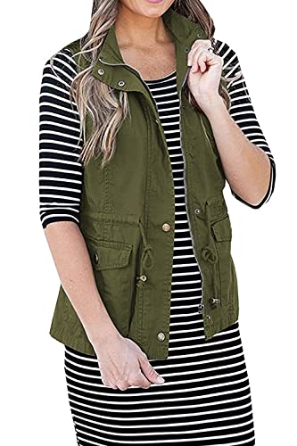 Senserise Womens Lightweight Sleeveless Military Anorak Drawstring Jacket Vests(Army Green,S) #TOP2