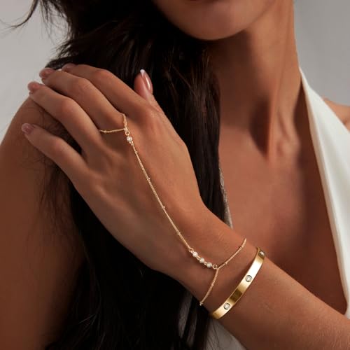 My Queen Gold Bracelets for Women 14K Gold Plated Dainty Stackable Hand Chain Bracelet Trendy Ring Chain Bangle Cuff Bracelets Adjustable Body Jewelry Set Gifts2
