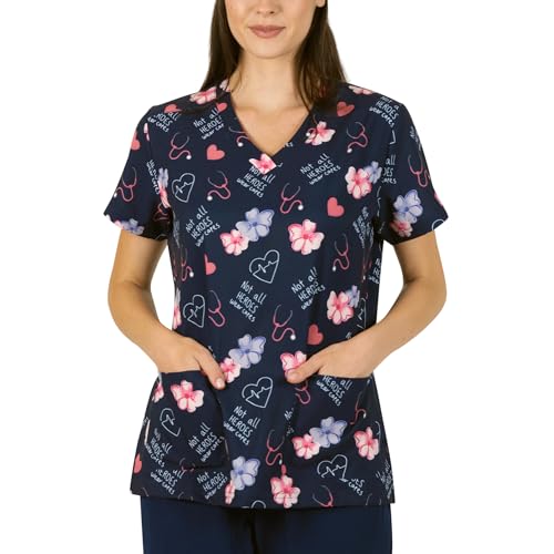 B-well Isabella Casacas Sanitarias Mujer con Elastano e Diseño, Manga Corta Cuello V para Enfermeras, Dentistas, Médicos, Estudiantes y Veterinarios, Héroes, L