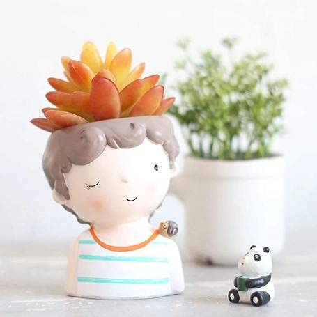 Image of Cute Beautiful Combo Pack of 4 Girls Succulent Planter Pots Resin Creative Flowerpot Plant Pot Planter Container for Home Garden Office Desktop Decoration (4 Boys Pot)
