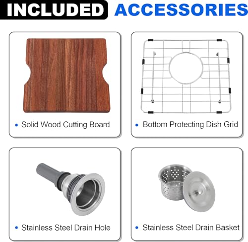 Image of 15 x 15 Undermount Bar Sinks, 15 Inch Stainless Steel 16 Gauge Handmade Single Bowl Prep Sink Workstation, Brushed Small Kitchen Sink with Cutting Board for RV, Wet Bar, Laundry & Outdoor Use