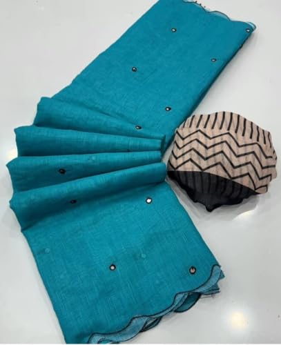 Image of Linen Cotton Saree with Black Mirror Work | New