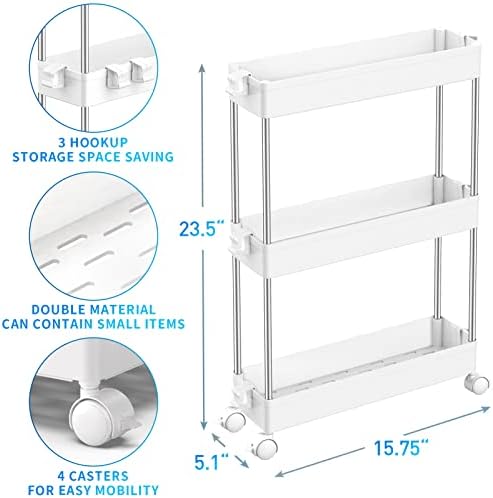 DELA DISCOUNT 41ss11mWxqL._AC_ SPACEKEEPER 3 Tier Slim Storage Cart Mobile Shelving Unit Organizer Slide Out Storage Rolling Utility Cart Tower Rack for Kitchen Bathroom Laundry Narrow Places, Plastic & Stainless Steel, White  