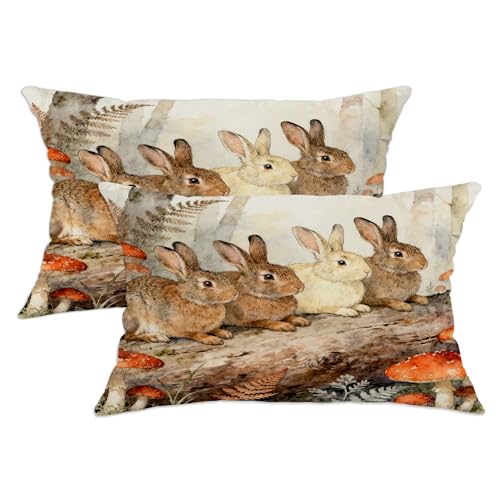 Rabbit Throw Pillow Covers Set of 2, Nature Rustic Mushroom Fern Fall Brown Soft Velvet Washable Decorative Pillow Cases for Home Bedroom Living Room Sofa Couch Decor 20x12 Inch