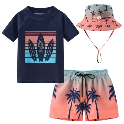 Toddlers and Baby Boys\' 3-Piece Rashguard Sets Swimsuits Sets with Hat Surfing Swimwear Sunsuit UPF 50+Navy Sail(3-4T)