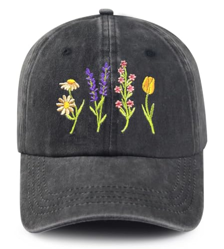Cute Flower Hat, Garden Embroidered Adjustable Floral Baseball Cap for Men Women, Gifts for Flower Lovers, Black