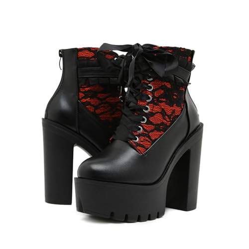 Women's Leather Lace Splicing Platform Chunky Heels Gothic Ankle Boots Classic Round Toe Lace up Back Zipper Fashion Thick High Heel Combat Boots Comfortable Rave Boots Punk Booties