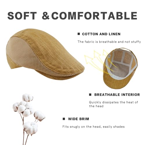 Image of Men's Cotton-Hemp Blend Newsboy Cap - Lightweight Summer Flat Cap for Driving & Outdoor Style