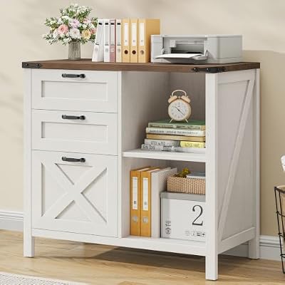 Vabches 3 Drawer File Cabinet, Wood Printer Stand with Open Adjustable Shelves, Farmhouse Lateral Filing Cabinet Fits A4 or Letter Size for Home Office, Rustic White and Brown