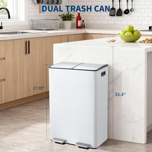 Garvee Dual Trash Can, 16 Gal (2 x 30 l) Stainless Steel Kitchen Garbage Can with Lid and Inner Bucket, Double Compartment Trash and Recycle Bin Combo with Step Pedal for Home Office, White by Garvee - Used condition - Image 2