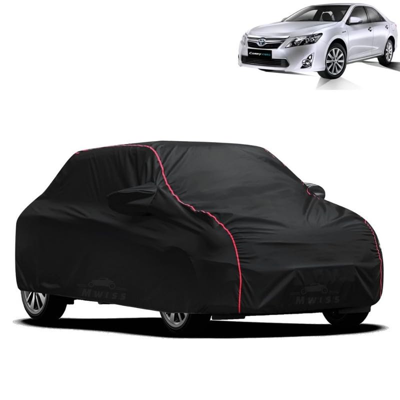 Image of Waterproof Car Cover for Toyota Camry | All-Weather Protection, Dustproof & UV Resistant | Triple Stitched Mirror Pockets, Windproof Buckle Strap with Elastic Hem, Black-Red Piping