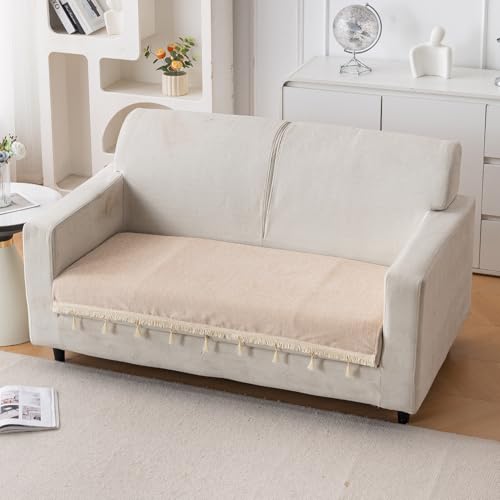 Image of HOKIPO 'Serenity Tassel' Chenille 2 Seater Sofa Cover with Tassel - Ivory Fringe (IN-891-BGE)