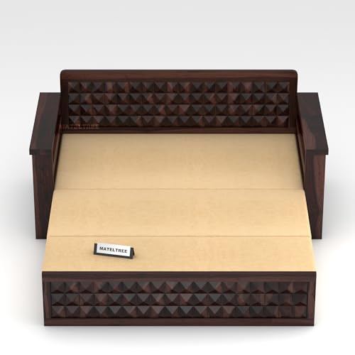 Image of Sheesham Wooden Sofa Cum Bed for Living Room with Side Pocket Storage - 3 Seater Sofa Cum Bed with Storage - 3 Person Sofa Cum Bed Wooden with Premium Cushion Seating (Walnut F)