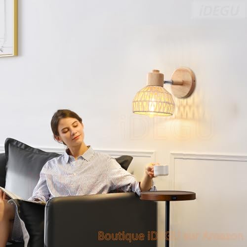 iDEGU 2 Piezas Apliques pared interior, Lámparas de Pared para Dormitorio E27 Iluminación Simple Luz de Pared en Madera Ratán Aplique Regulable para Pasillo Salon Café (15cm, Ratán Blanco) - imagen 3