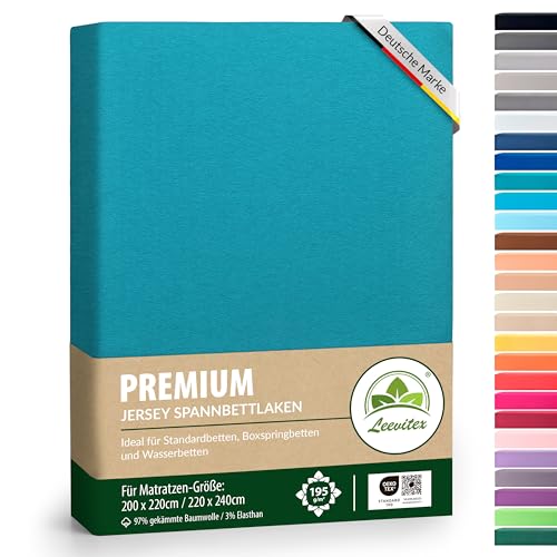 Premium Spannbettlaken extra schwer und dick 97% Mako-Jersey-Baumwolle und 3% Elasthan auch Boxspringbett geeignet 200 x 220-220 x 240 cm Petrol/Smaragdblau