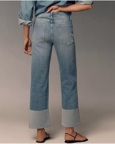 Women's Wide Cuff Jeans High Rise Straight Leg Cropped Jeans Casual Boyfriend Denim Pants3