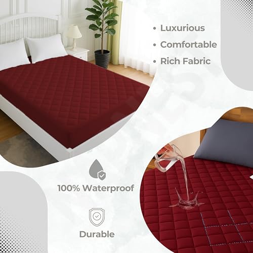 Image of Waterproof Cotton Quilted - Breathable, Hypoallergenic, Noiseless Ultra Soft Fitted Bed Cover with 3 Layers of Protection, 100% Waterproof, No-Slip Design | Maroon, Single (36 * 78)