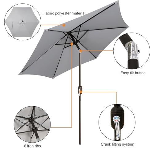 Image of Blissun 7.5 ft Patio Umbrella, Yard Umbrella, Outdoor Market Umbrella with Push Button Tilt Crank, Grey