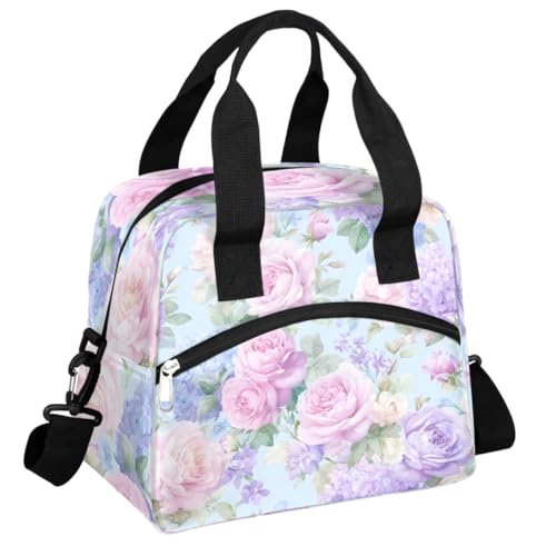 oooJHooo Lunch Bag for Women Adult Watercolor Rose Flower Reusable Insulated Lunch Box with Adjustable Shoulder Strap,Waterproof Portable Cooler Tote Bags for Work Picnic Beach Travel Office,Q-01