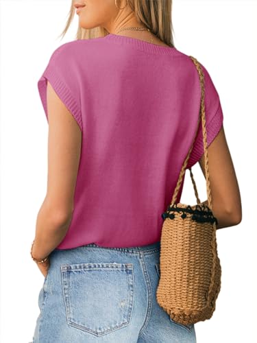Image of Langwyqu Womens Cap Sleeve Tops Summer Crew Neck Shirt Lightweight Crochet Knit Sweater