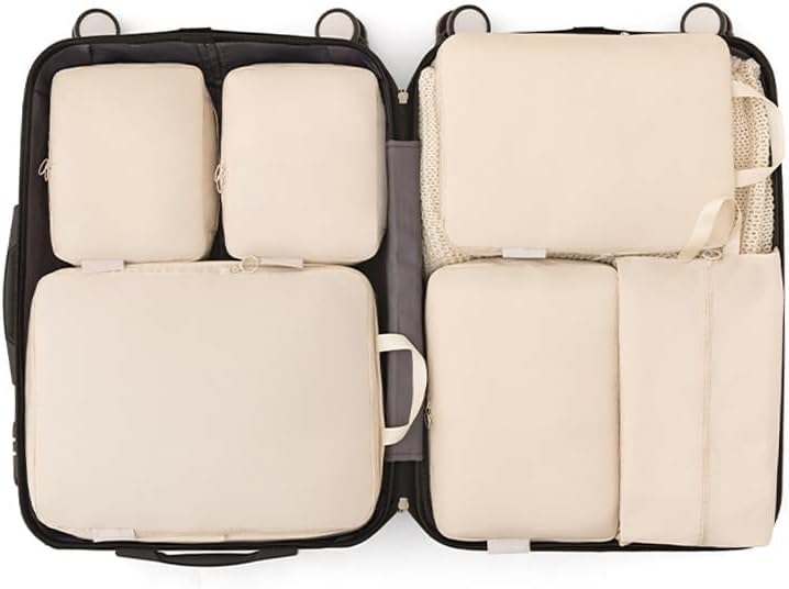 6 -PCS bags, rectangular, zipper, compact design, travel accessory bag, luggage compression packaging cube compression zippe, white