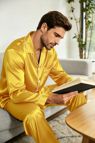 Image of SWOMOG Mens Silk Satin Pajamas Set Long Sleeve Sleepwear Button-Down Pj Two-piece Loungewear with Long Pants S-XXL