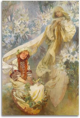Alphonse Mucha affiche Les Lys peinture sur toile vintage déco 40x60cm