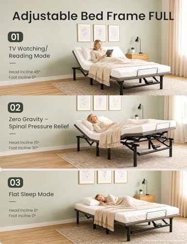 Image of Adjustable Bed Frame Full Size with Remote & USB Ports, Zero Gravity | Electric Beds Bases, Quiet motor, Heavy Duty Metal Frame, Nightlight, 3-Fold Foldable Design, Easy Assembly Power Bed Frame