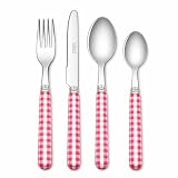 EXZACT Cuberterías 24 Piezas -Patrón a Cuadros/Gingham- Cubiertos Acero Inoxidable con manecillas de Color - 6 x Tenedores, 6 x Cuchillos, 6 x Cucharas, 6 x Cucharaditas (Rosa x 24)