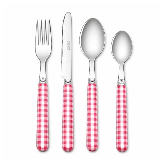 EXZACT Bestekset 24 stuks roestvrij staal met gingham geruite gekleurde handgrepen - 6 x vorken, 6 x dinermessen, 6 x tafellepels, 6 x theelepels (roze x 24 stuks)