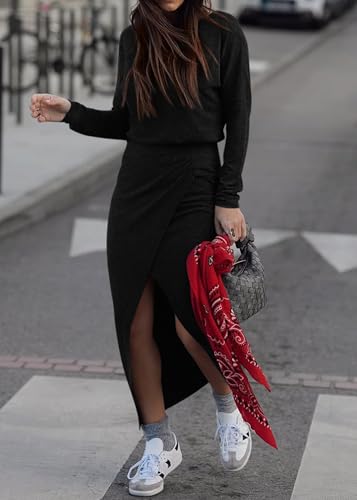 KIRUNDO Fall Dresses for Women 2025 Long Sleeve Boat Neck Wrap Ruched Elastic Waist Casual Knit Maxi Dress with Slit3