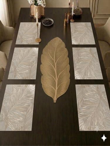 Image of Dakshya Industries PVC Waterproof Table Placemat & Table Runner Combo Set | 6 Dining Table Mats + 1 Runner | Heat Resistant, Washable, Non-Slip Table Mat Set (Kitchen Style)