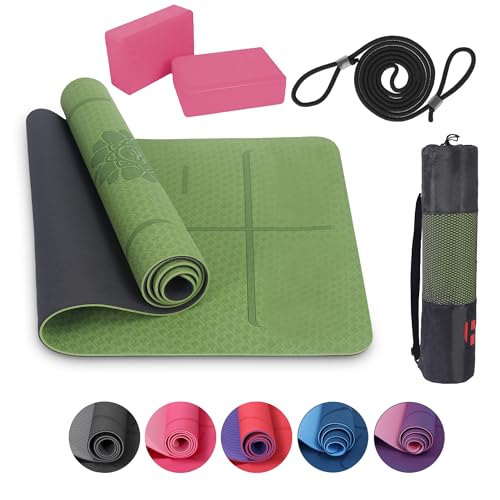 Habib Gruppe Yoga-Set mit 2 Blöcken – Gepolsterte rutschfeste Trainingsmatte für Fitness, Tragetasche mit Tragegurt – Ideal für Yoga, Pilates, Meditation und Entspannung - Grün