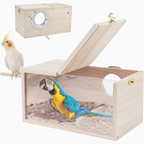 Rypet Sittich Nistkasten Transparent Design Thwartwise Vogelnest Brutkasten mit Sitzstange Holz Vogelkäfig Haus für Nymphensittiche Lovebirds Wellensittiche Finken Papageien Kanarienvögel XL