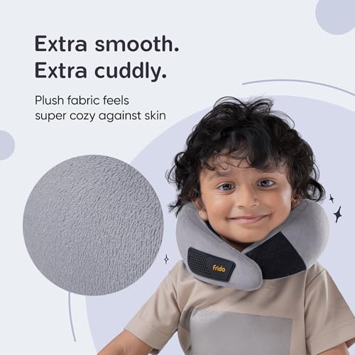 Image of Frido Kids Memory Foam Travel Neck Pillow with Travel Pouch | 360 Chin & Neck Support for Comfortable Sleep | Adjustable Velcro Straps | Ideal for Car, Flight & Road Trips | Bluish Grey