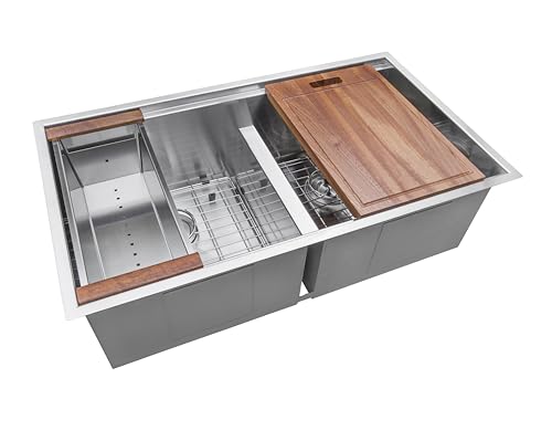 Ruvati 33-inch Workstation Ledge 50/50 Double Bowl Undermount kitchen sink with Brushed Finish - 16 Gauge Stainless Steel Kitchen Sink - Workstation Kitchen Sink - RVH8350