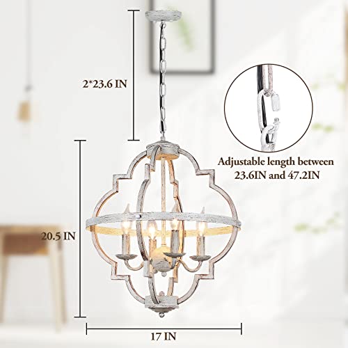 4-Light Farmhouse Candle Chandelier, Industrial Rustic Dressed White Orb Ceiling Hanging Lamp, E12 Retro Flush Mount Ceiling Pendant Light for Living Room Dining Room Entryway Hallway Bedroom Kitchen